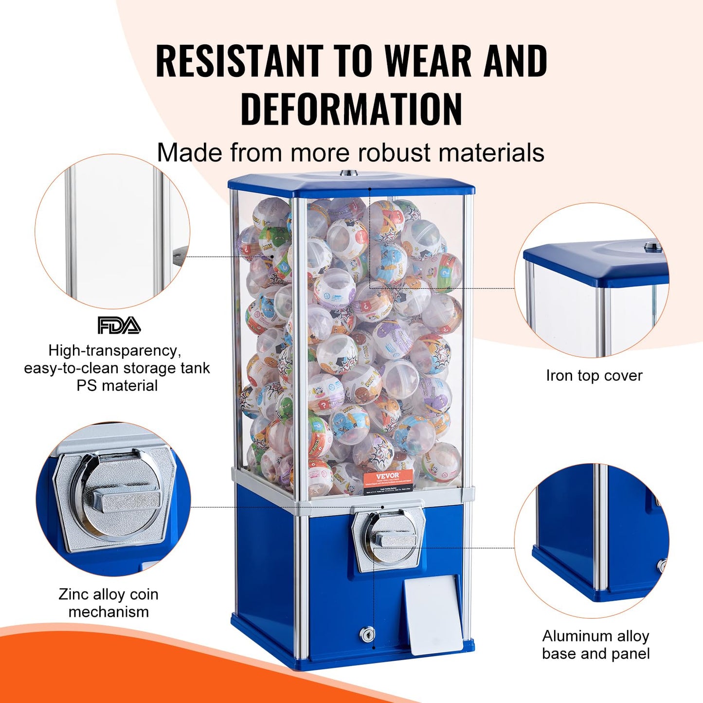 VEVOR Gumball Machine, 25 Height, Coin Operated Dispenser for 230 Capsule Toys, Blue