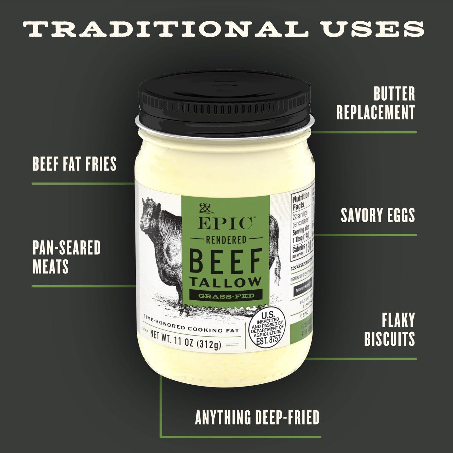 Epic Beef Tallow, Grass-Fed, Keto Friendly, Whole30, 11Oz Jar