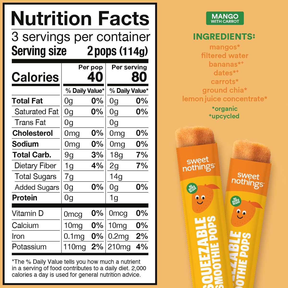 Sweet Nothings, Mango, Usda Organic Kids' Squeezable Super Fruit Smoothie Freezie Popsicle Pops, Value Pack Of 24 - Dye-Free, No