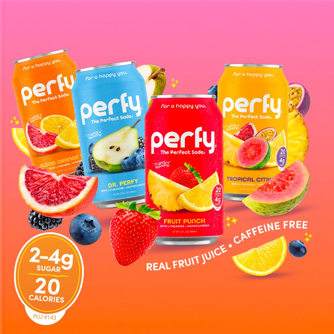 PERFY Caffeine Free Dr. Perfy Soda | Made With Real Fruit Juice - Low Sugar Nootropic Drink with L-Theanine + Ashwagandha | Calming Adaptogen Mocktail | Keto + GLP-1 Friendly (12-Pack Healthy Functional Soda Alternative)