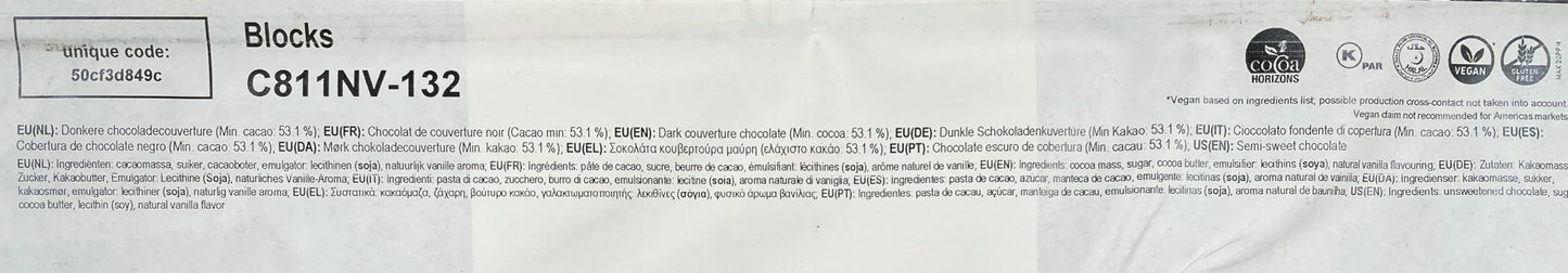 Callebaut C811 Dark Chocolate Block - 11.02Lb (5Kg) - 53.1% Cocoa Solids