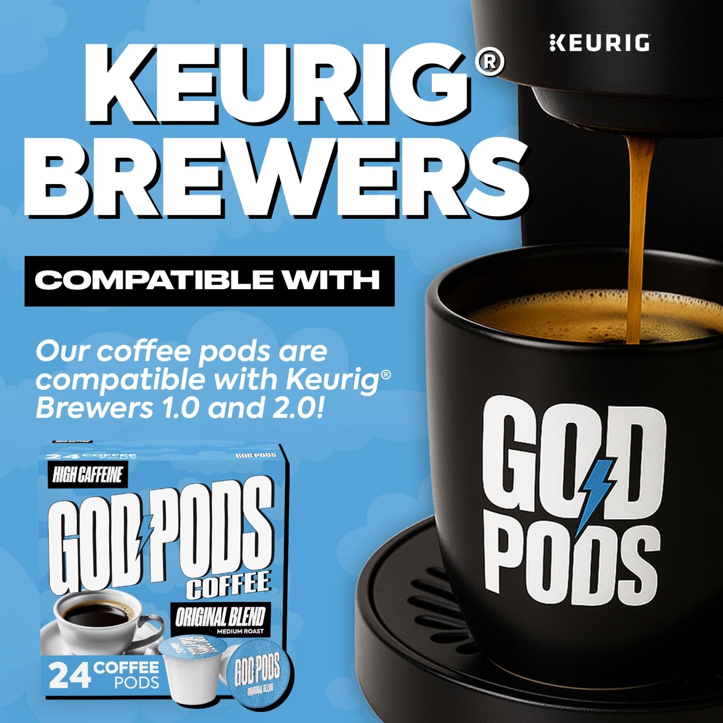 GOD PODS COFFEE High Caffeine  Medium Roast K Cups  Original Blend  Focus and Energy  Single Serve Coffee Pods  24 Count