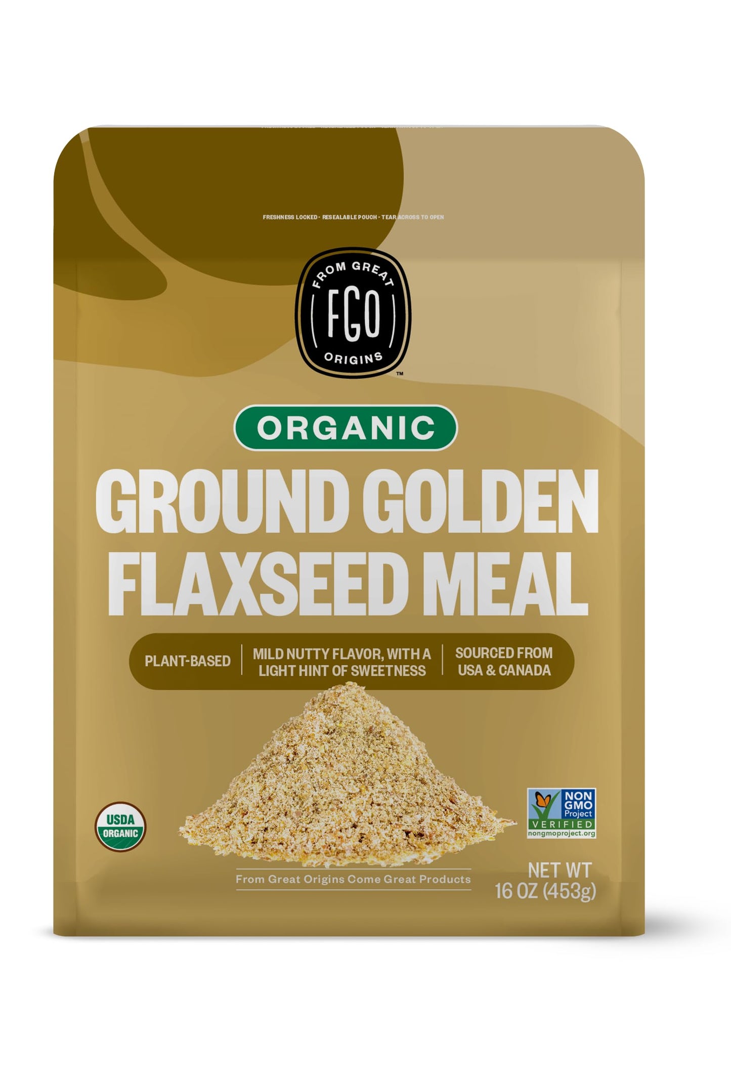 FGO Organic Ground Golden Flaxseed Meal, Cold Milled, 16oz Resealable Bag, Grown in USA