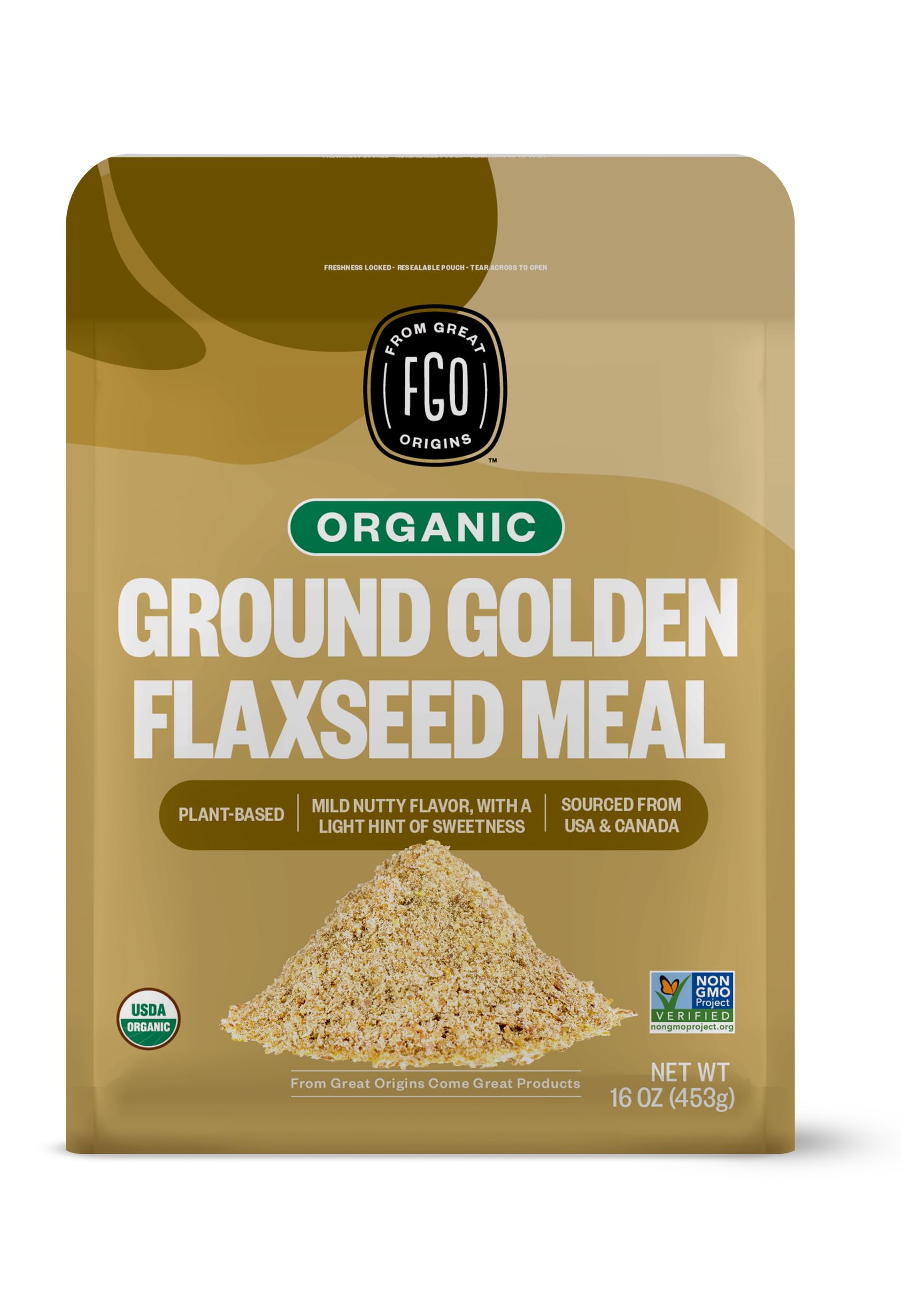 FGO Organic Ground Golden Flaxseed Meal, Cold Milled, 16oz Resealable Bag, Grown in USA