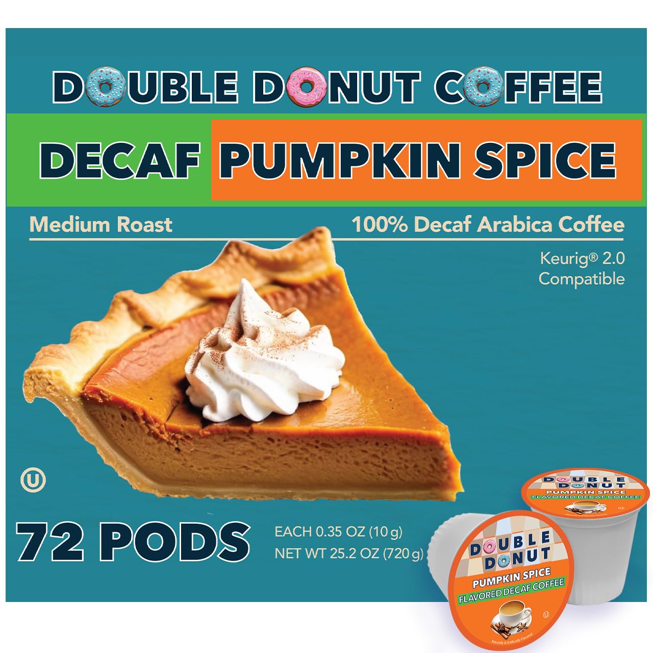 Double Donut Coffee Medium Roast Decaf Coffee Pods, Pumpkin Spice, 72 Count for Keurig K-Cup Machines