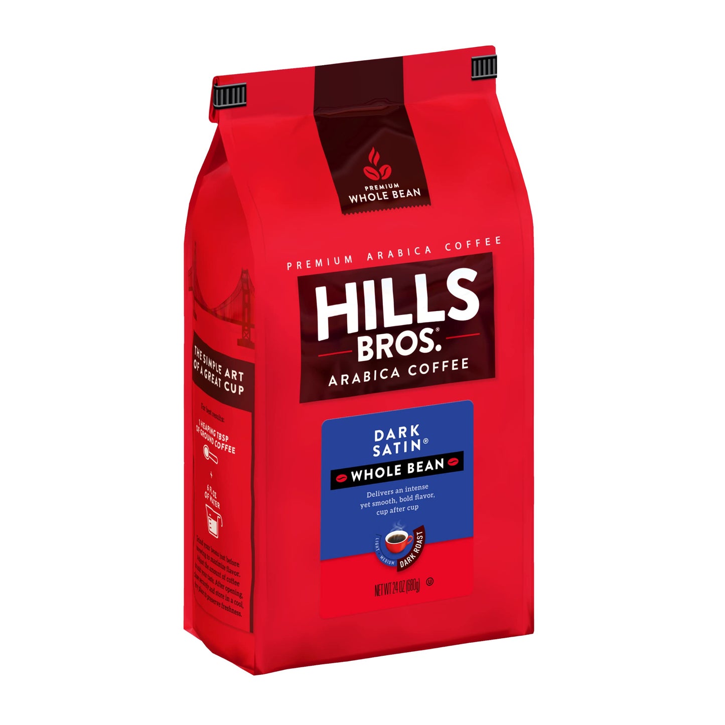 Hills Bros. Dark Satin Whole Bean Coffee - Rich Arabica Dark Roast - 24oz Pack