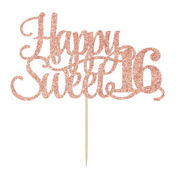Yotawish Rose Gold Glitter Happy Sweet 16 Cake Topper - Happy 16Th Birthday Cake Decor - Hello 16, Cheers To 16 Years Birthday P