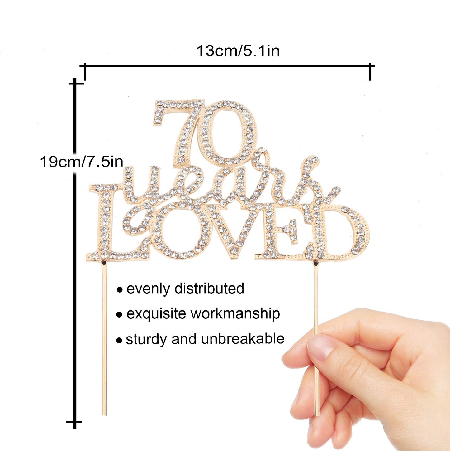 70 Years Loved Crystal Cake Topper For 70 Years Birthday Or 70Th Wedding Anniversary Rhinestone Metal Party Decoration Gold