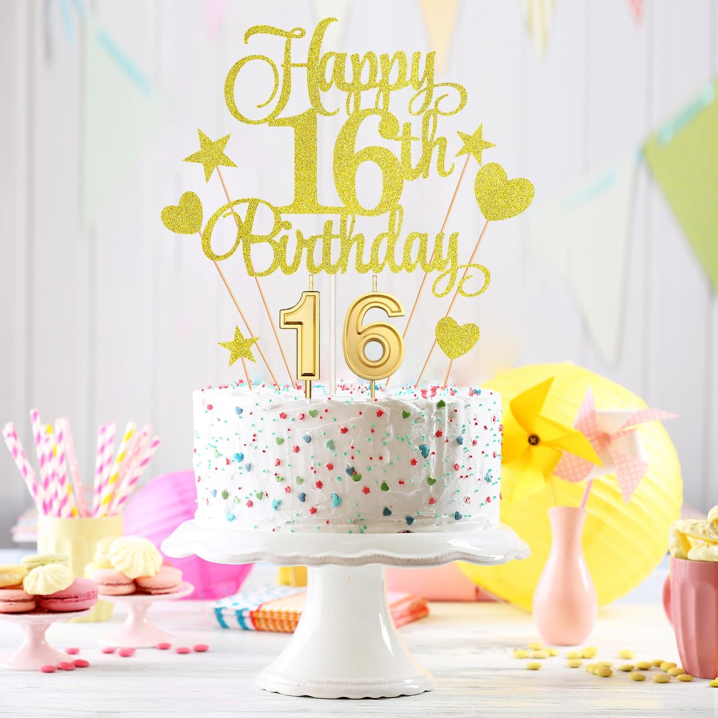 HOGRTi 16th Birthday Cake Decorations Set, Gold Series, Includes Cake Candles and Toppers for Birthday Party