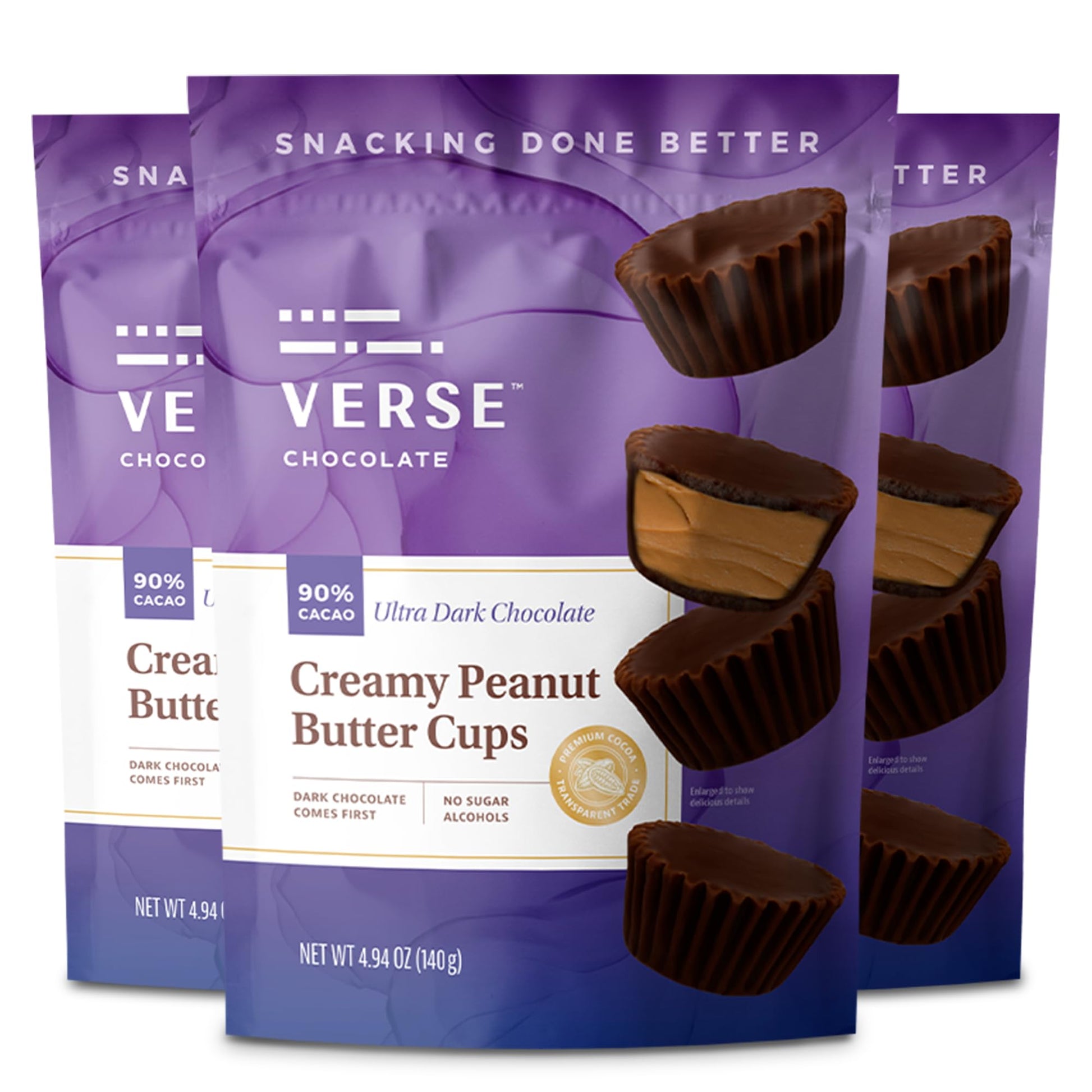 Verse Chocolate Peanut Butter Cups (3 Pack) - 90% Dark Chocolate Candy W/ 3G Fiber  7G Sugar  150 Calories - Creamy Peanut Butter Cups - The Perfect Valentines Day Gift