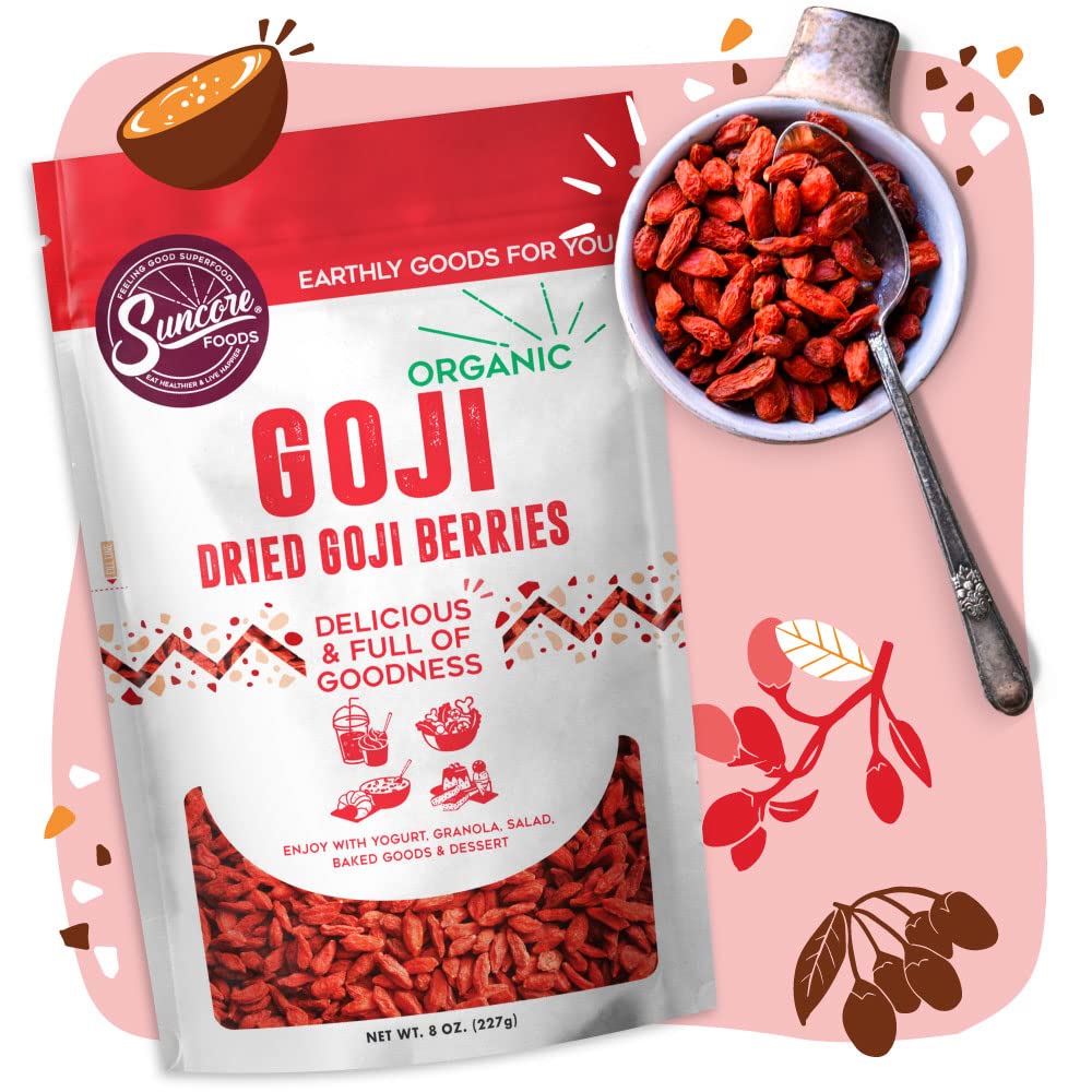 Suncore Foods Organic Dried Goji Berries, Gluten-Free, Non-Gmo, 8Oz (1 Pack)