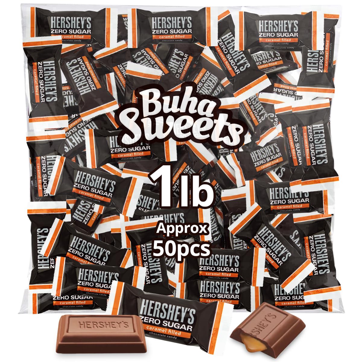 Hershey Zero Sugar Caramel Filled Chocolate Candy 1 Pound Approx 50 Pieces - Individuuly Wrapped Sugar Free candy Bars For Parti