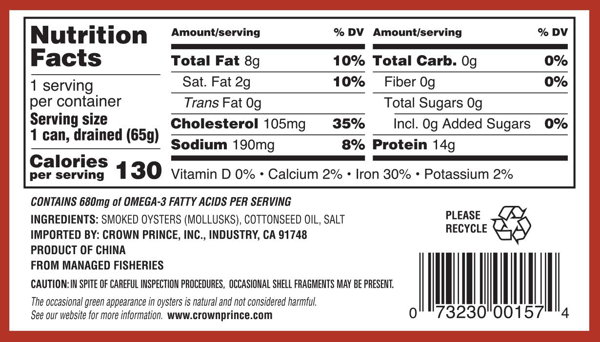 Crown Prince Smoked Oysters in Cottonseed Oil, 3 Ounce Cans, Pack of 12