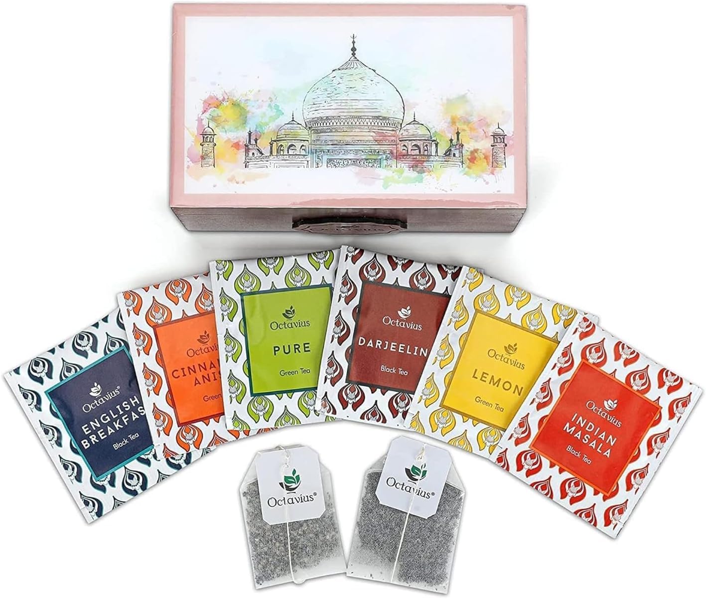 Octavius Assorted Tea Gift Set | 6 Flavored Black & Green Teas | 30 Enhanced Teabags In Each Box | Wooden Tea Sampler With Taj Mahal Design | Luxury Tea Gift Box | Pack Of 2