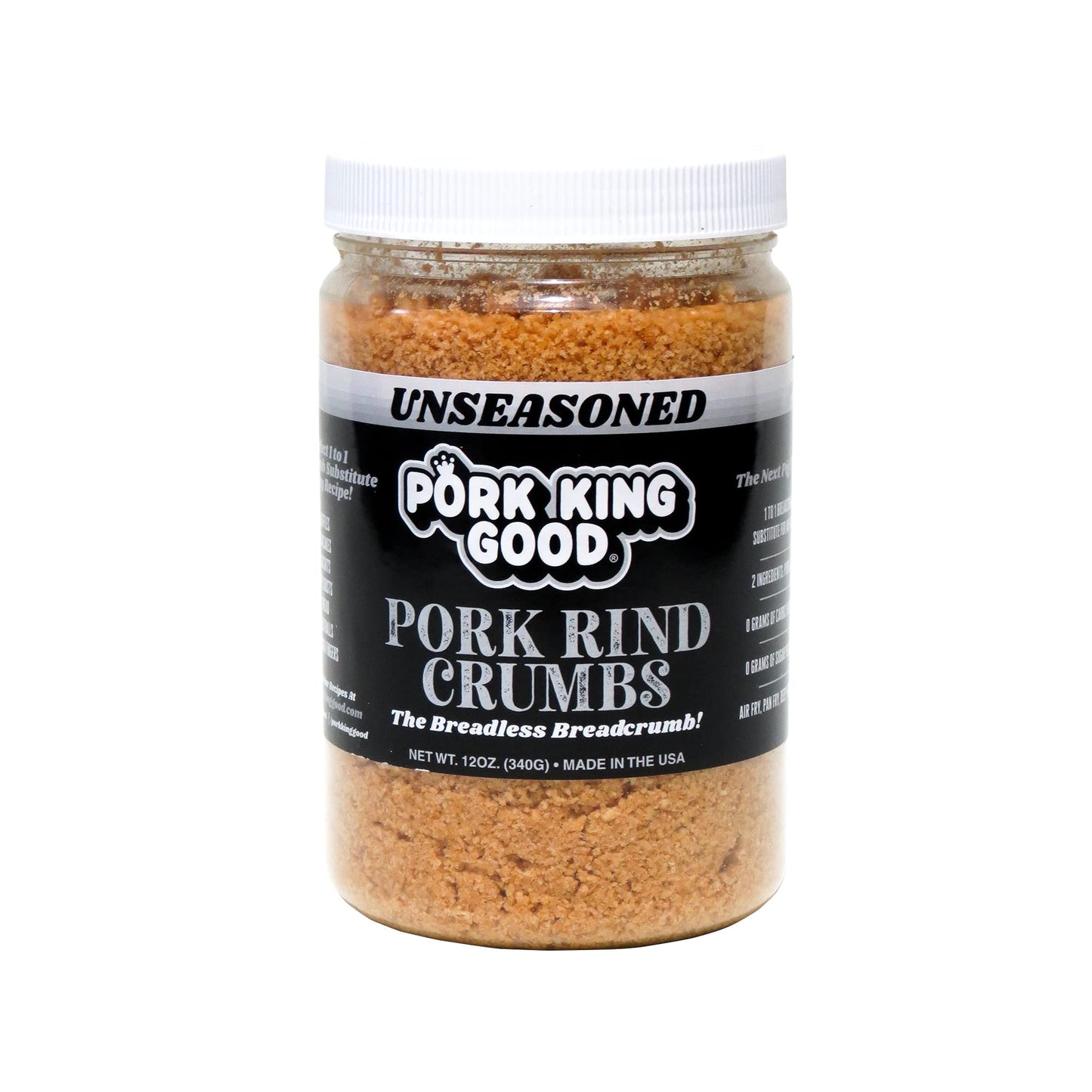 Pork King Good - Pork Rind Breadcrumbs - 2 Pack! Keto Friendly, Paleo, Gluten-Free, Sugar Free, Zero Carb Panko Substitute (Two 12 Oz Jars) (Unseasoned, 2 Pack)