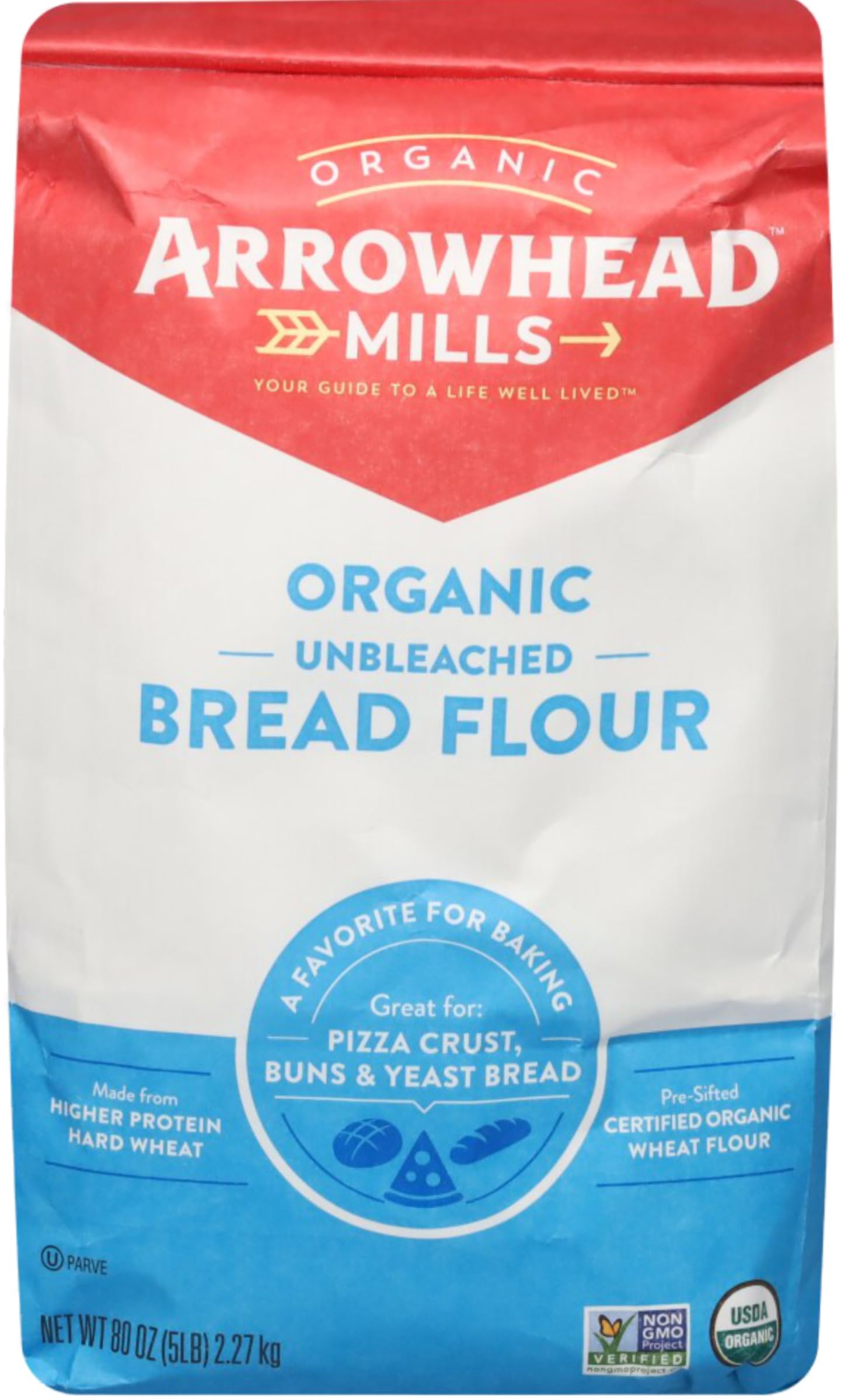 Arrowhead Mills Organic Non-GMO Unbleached Bread Flour, 5lb (Pack of 2) - Perfect for Baking Delicious Bread and Pastries