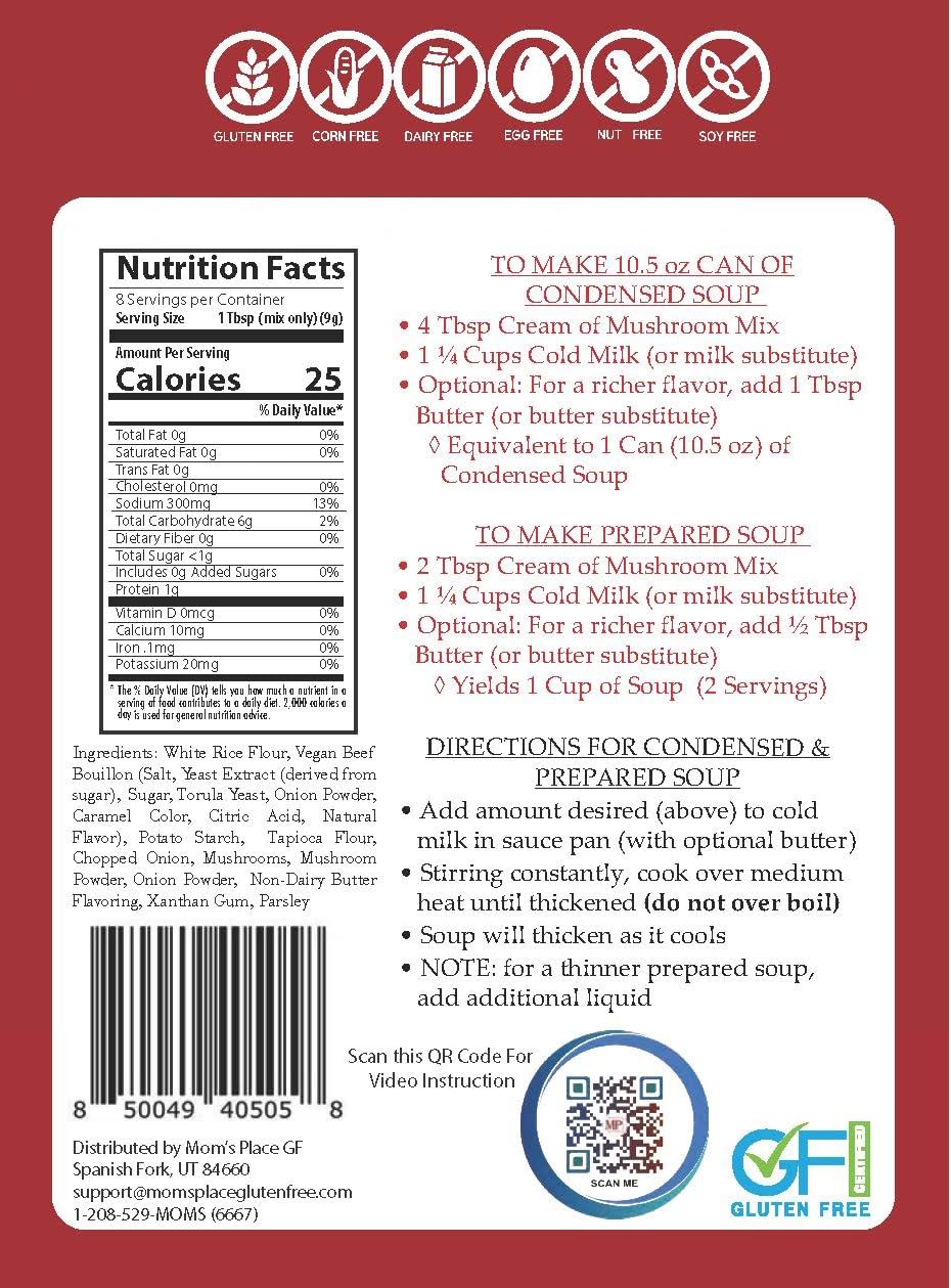 Mom's Place Gluten-Free Cream of Mushroom Soup Mix, Vegan, 2.4 oz, Dairy-Free, Nut-Free, Soy-Free, Equal to 2 Cans