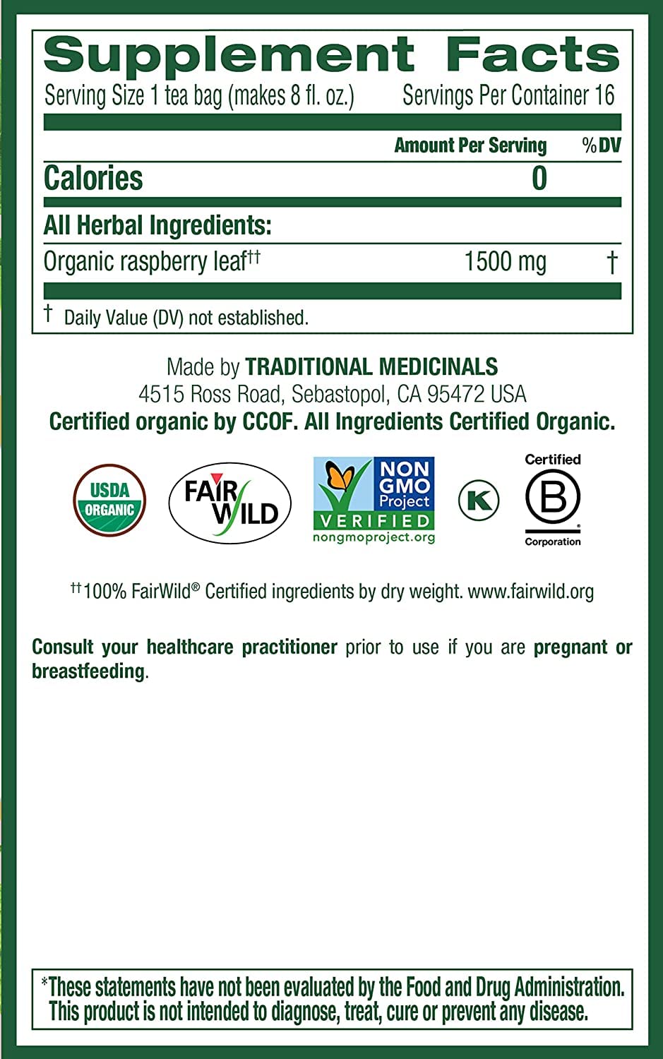 Organic Raspberry Leaf Tea 16 Bags, Traditional Medicinals Teas(2 Pack)