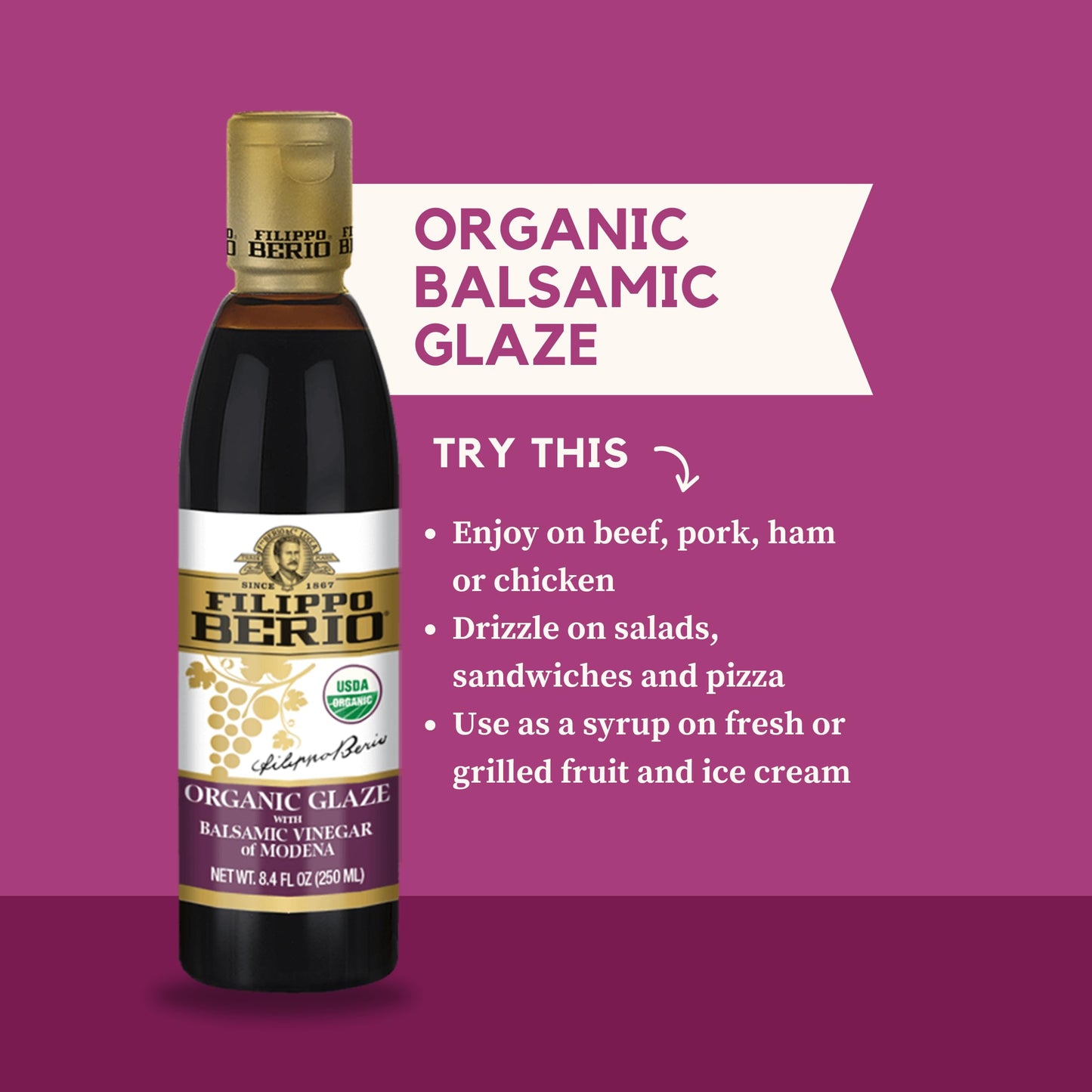 Filippo Berio Organic Glaze With Balsamic Vinegar Of Modena 8.4 Fl Oz