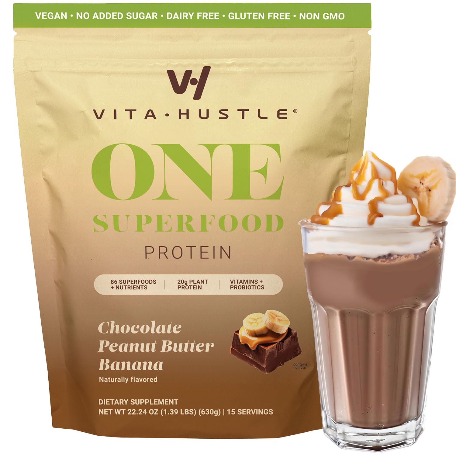 VitaHustle All-in-One Nutrition Shake - Choc Peanut Butter Banana, Vegan Meal Replacement with KSM66 Ashwagandha & 86+ Superfoods