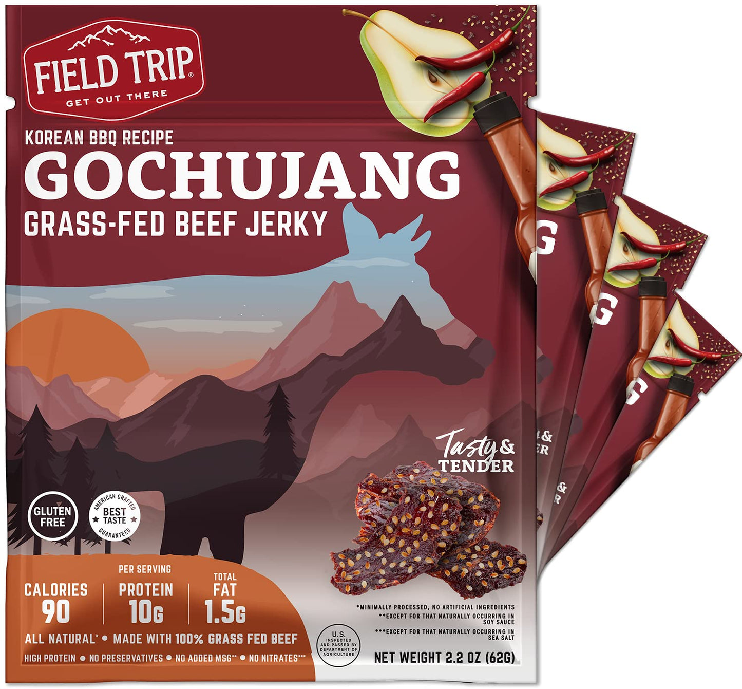 Field Trip Beef Jerky, Grass Fed, Gluten Free, High Protein, Low Carb, Gochujang Korean BBQ, 2.2oz Bag, 4 Pack
