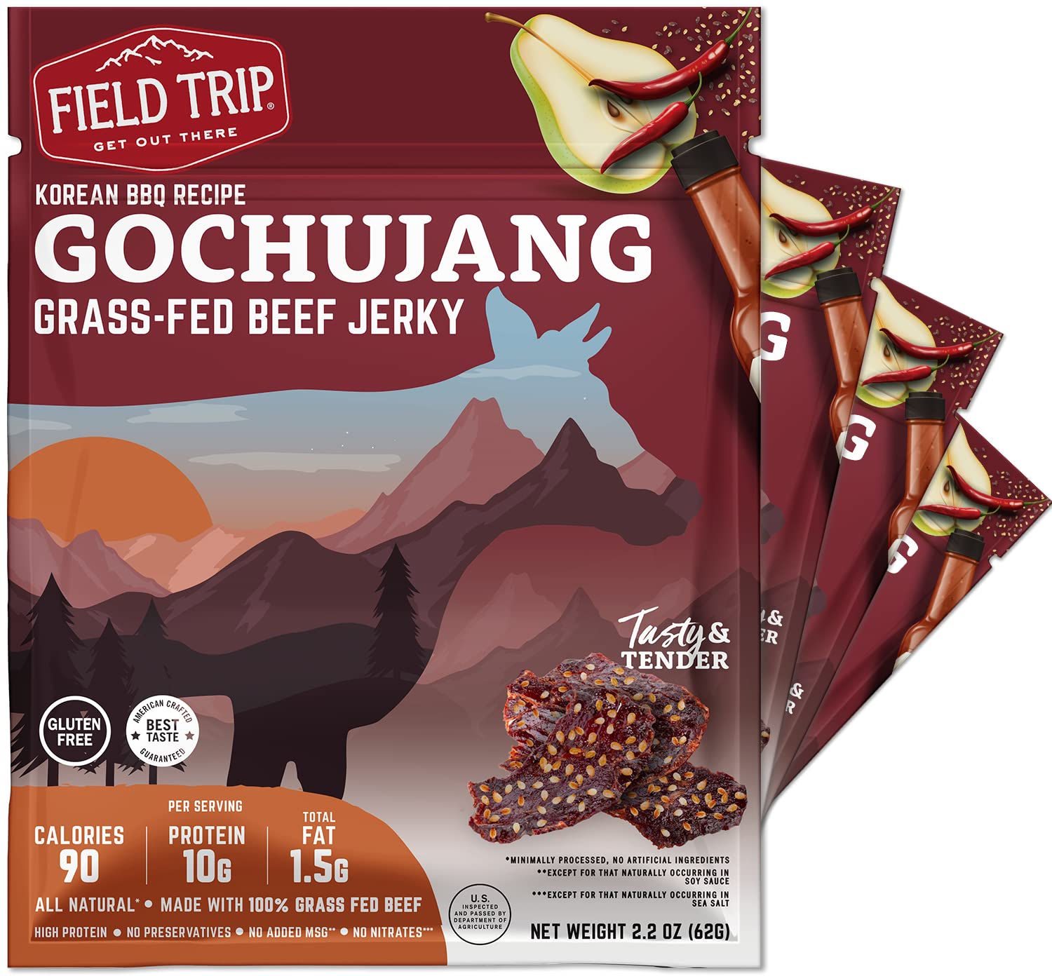 Field Trip Beef Jerky, Grass Fed, Gluten Free, High Protein, Low Carb, Gochujang Korean BBQ, 2.2oz Bag, 4 Pack