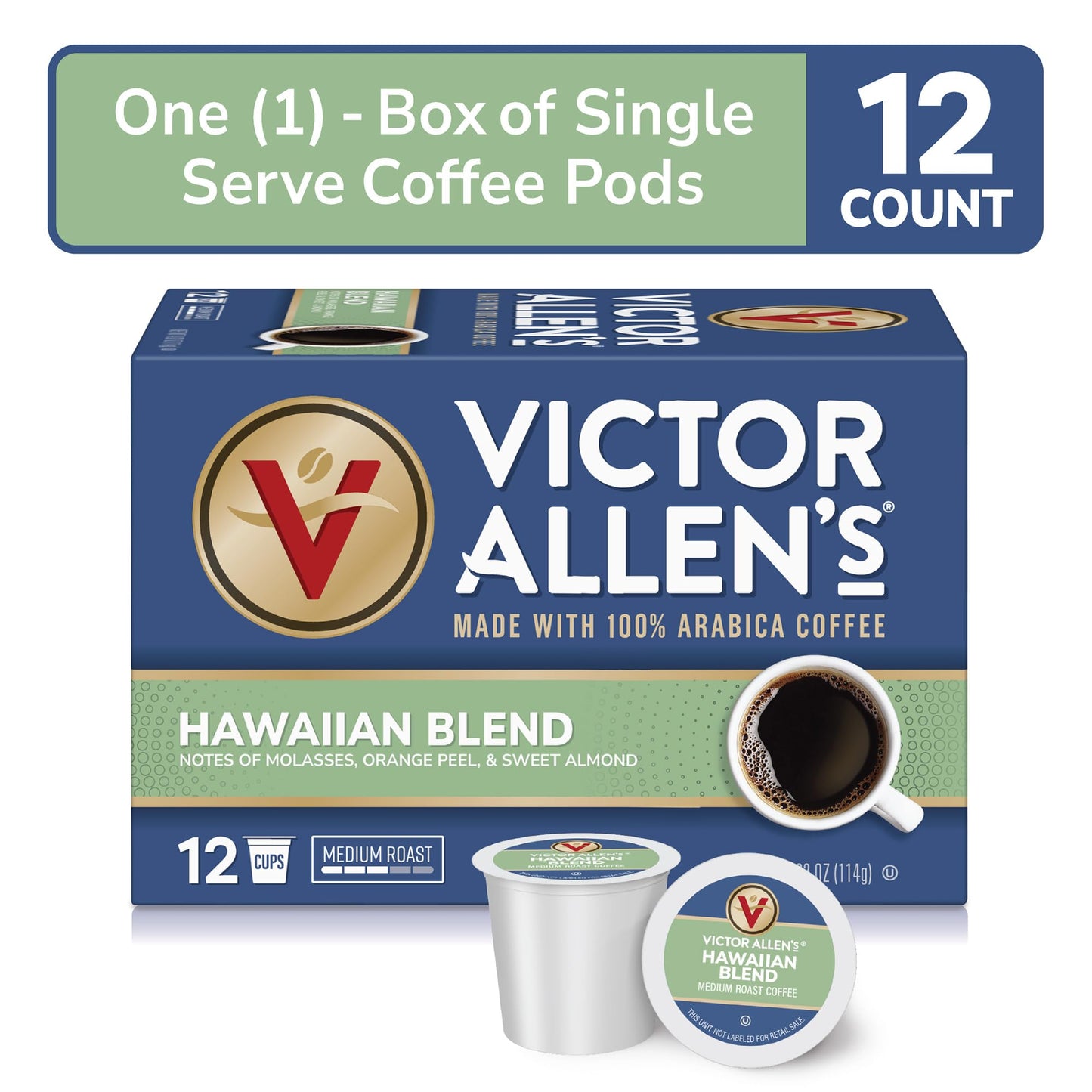 Victor Allens Coffee Hawaiian Blend, Medium Roast, 12 Count Single Serve Pods for Keurig, Brown