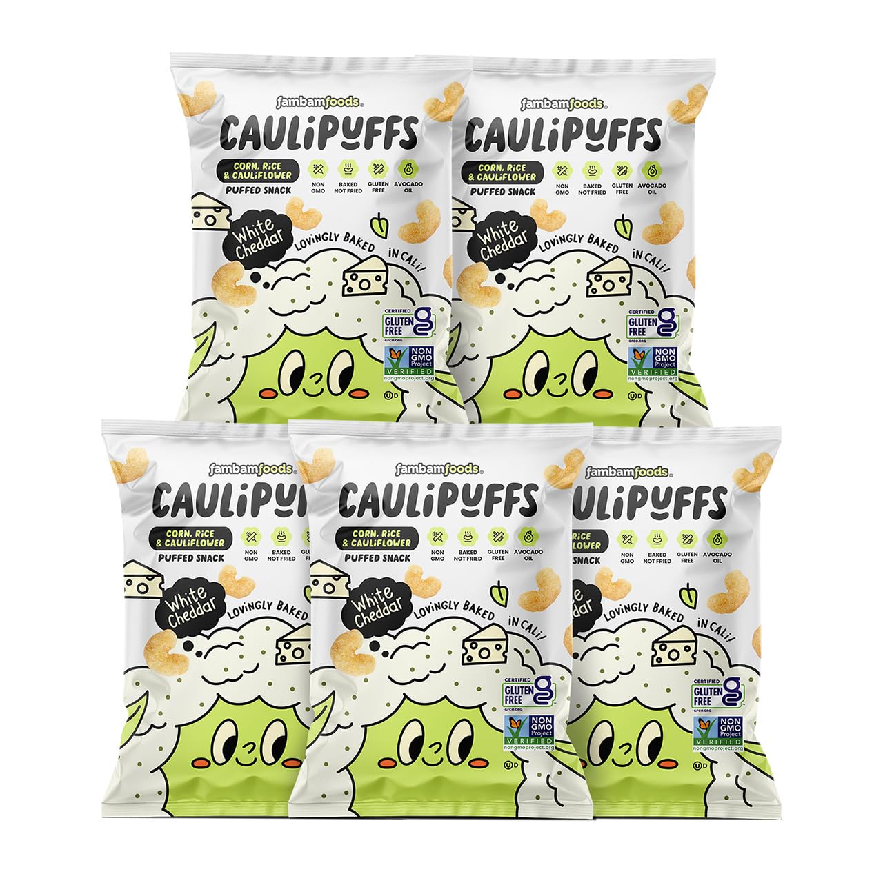 CauliPuffs - Corn, Rice, and Cauliflower Gluten Free Puffed Snack (5 x 3.0oz Bags, White Cheddar)