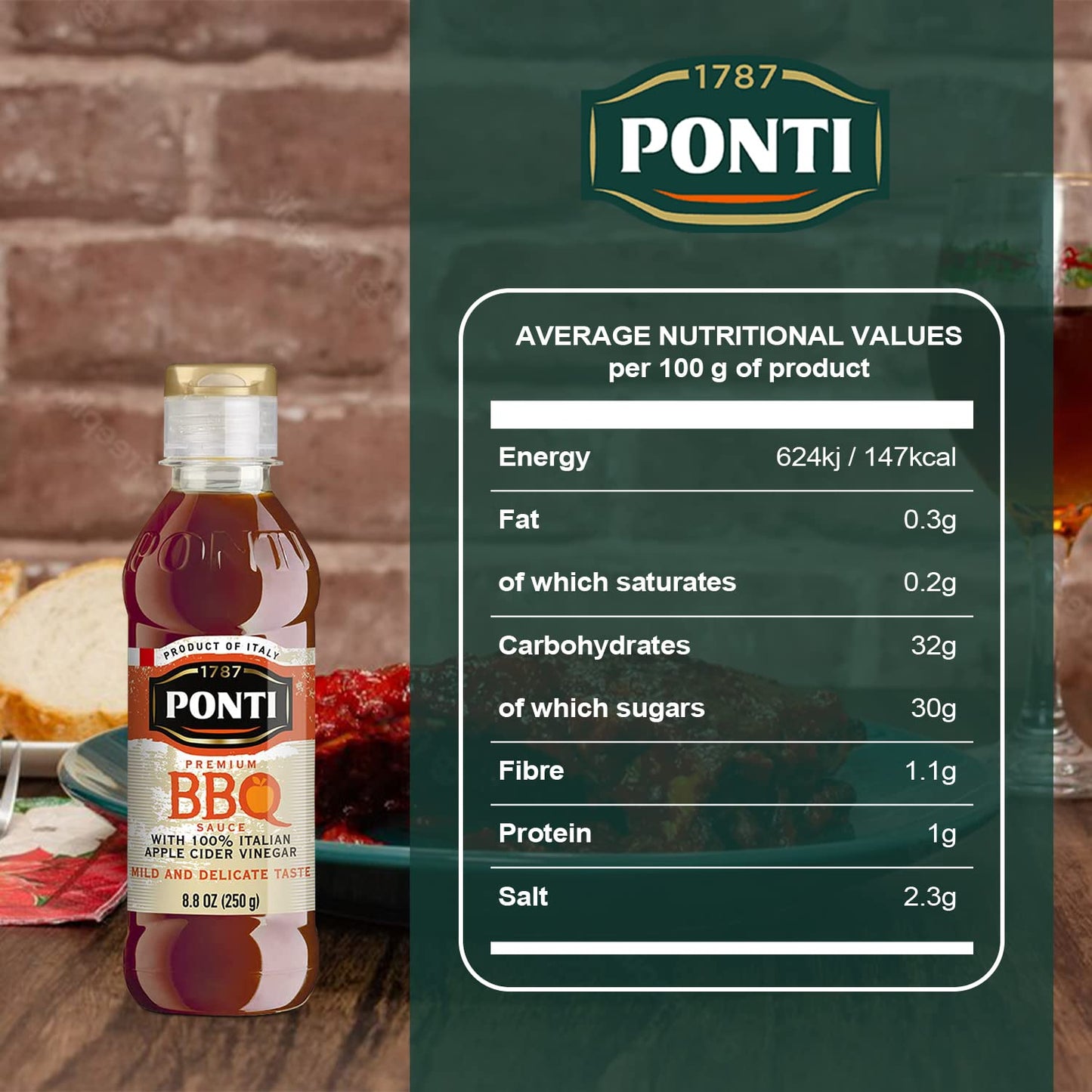 Ponti Premium BBQ Glaze, Sweet Vinaigrette, 8.8 Fl Oz, Perfect for Marinades and Pasta Dishes