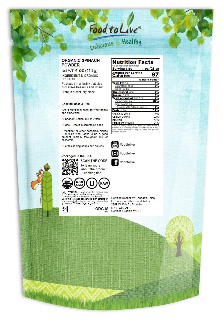 Food to Live Organic Spinach Powder, 4 Ounces - Non-GMO, Finely Ground Dehydrated Leaves, Pure, Vegan, Kosher, Bulk. Source of F