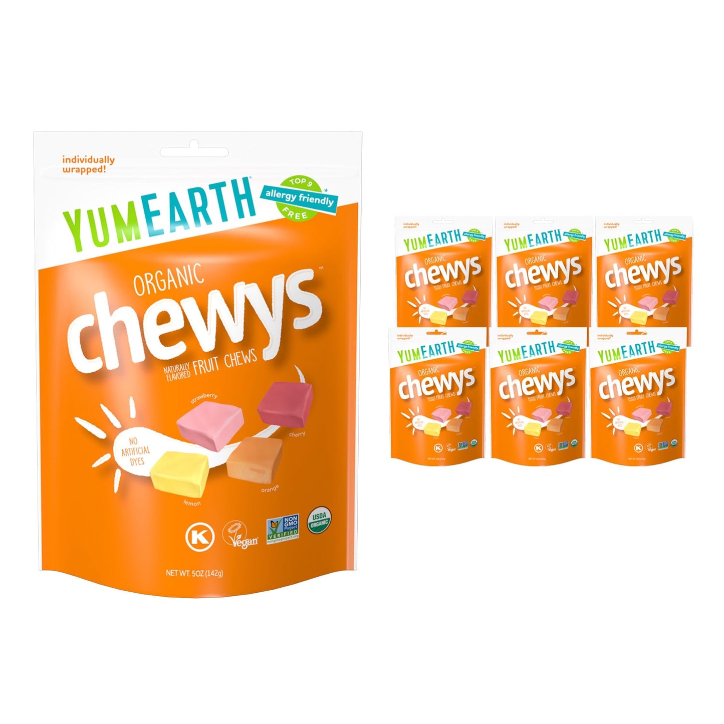 YumEarth Organic Fruit Chews - Fruit Flavored Candy Chews, No Dye, Allergy Friendly, Gluten Free, Non-GMO, Vegan Candy with No A