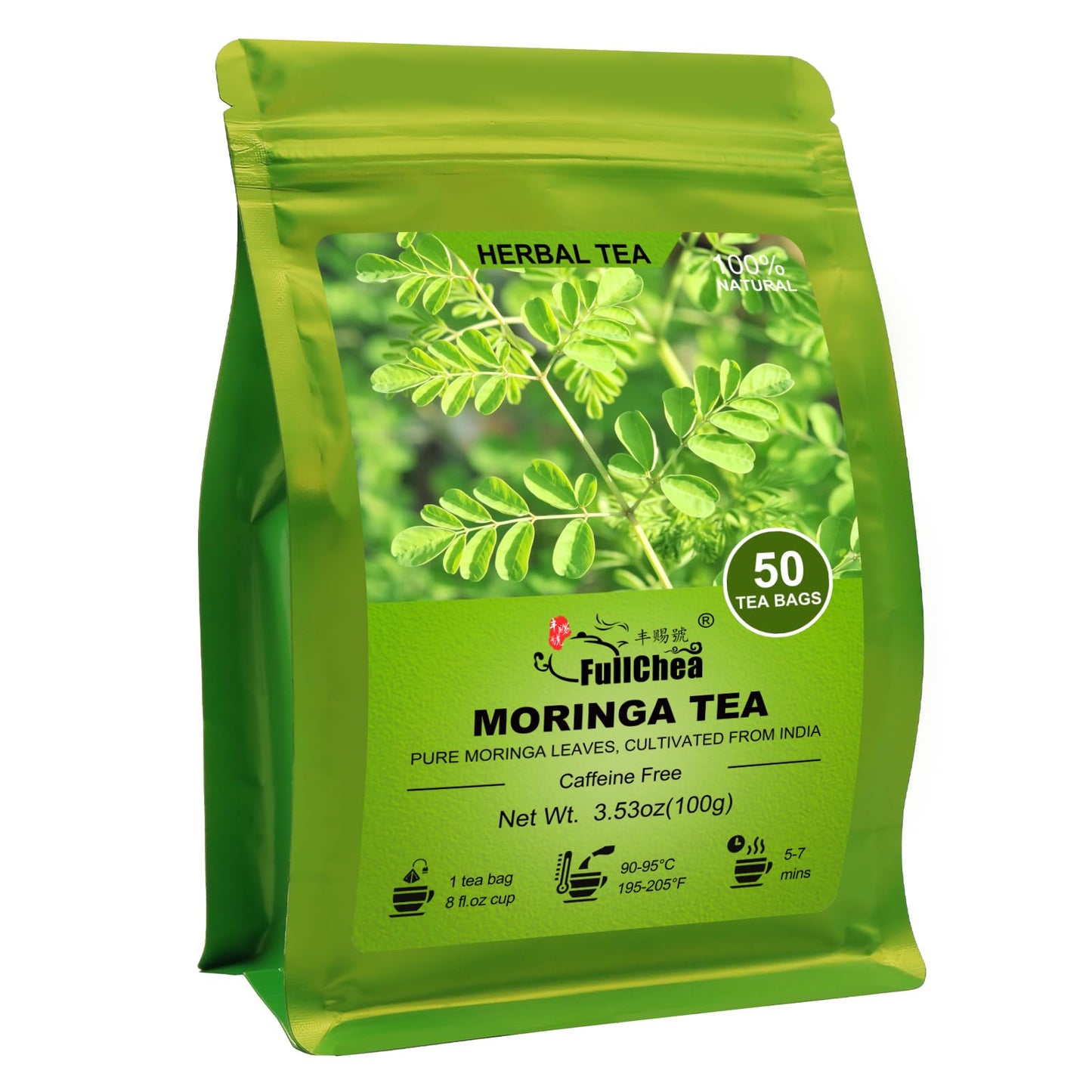 FullChea Moringa Tea - Herbal Tea for Digestion & Immunity - 50 Teabags - Non-GMO, Caffeine-free, Pure Moringa Leaves from India