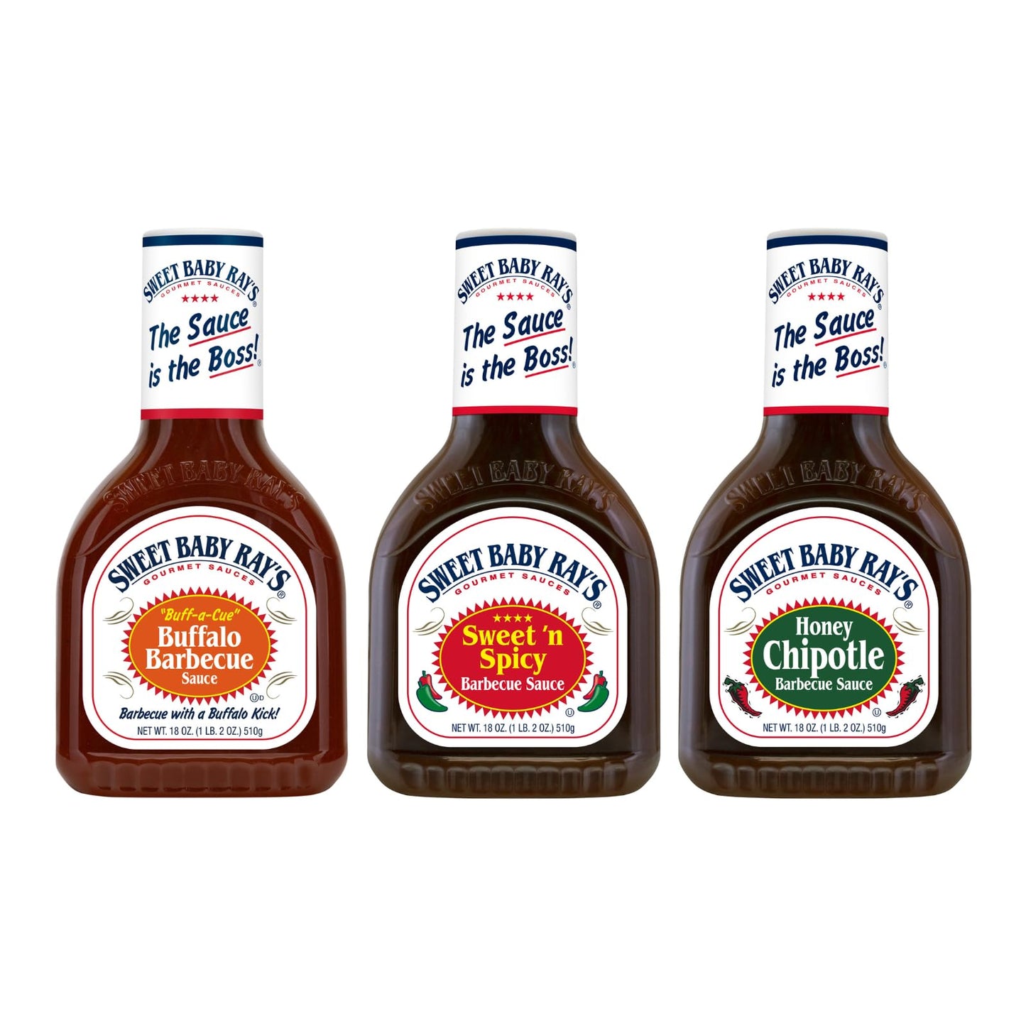 Sweet Baby Ray's Gourmet Barbecue Sauce Variety Pack - 1 Buff-a-Cue, 1 Sweet 'N Spicy, 1 Honey Chipotle. 3 CT. - Includes Sweet 