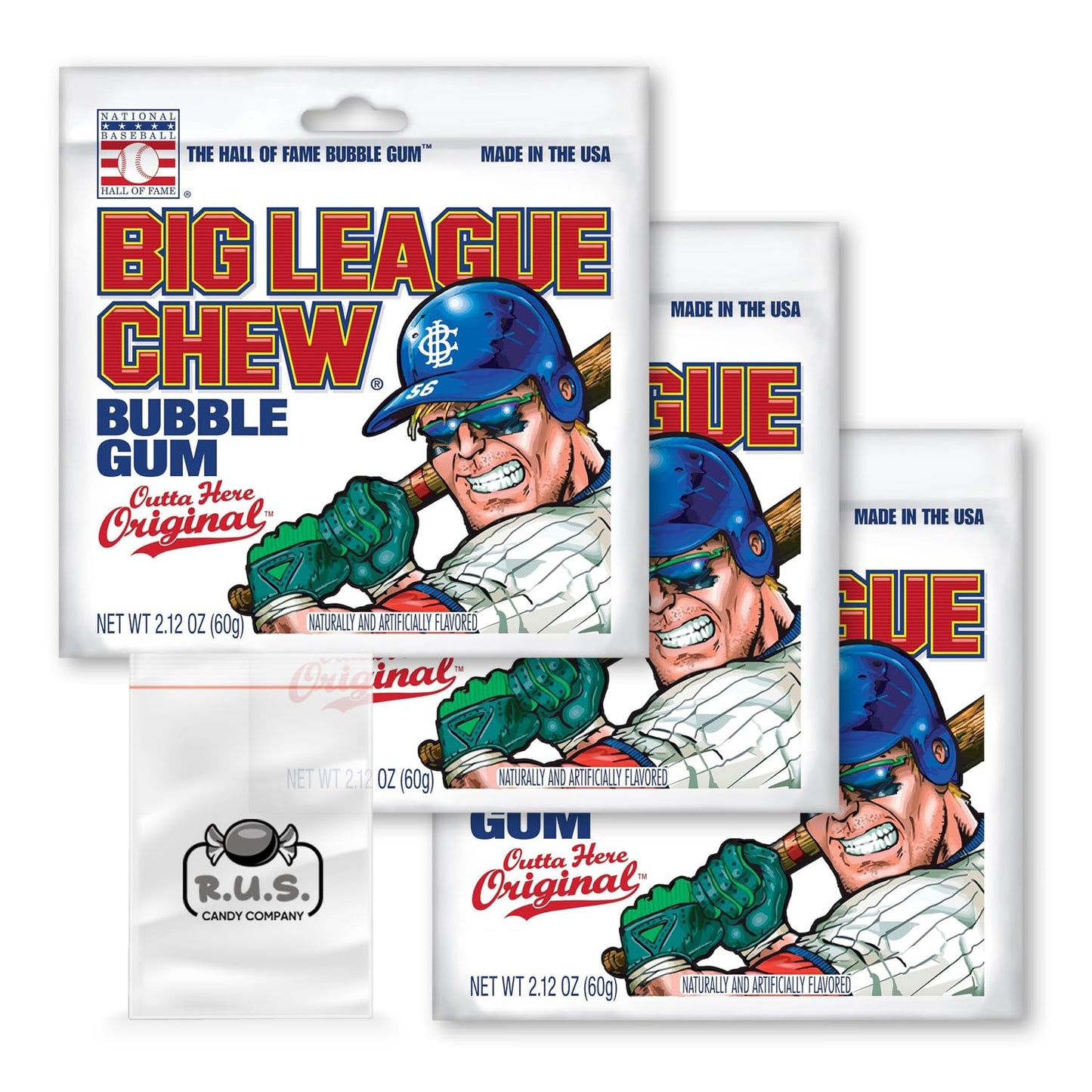 Big League Chew- Outta Here Originalflavored Shredded Bubble Gum- 3 Pack- 2.12Oz Each Plus Rus Candy Company Pocket Bag Bundle (
