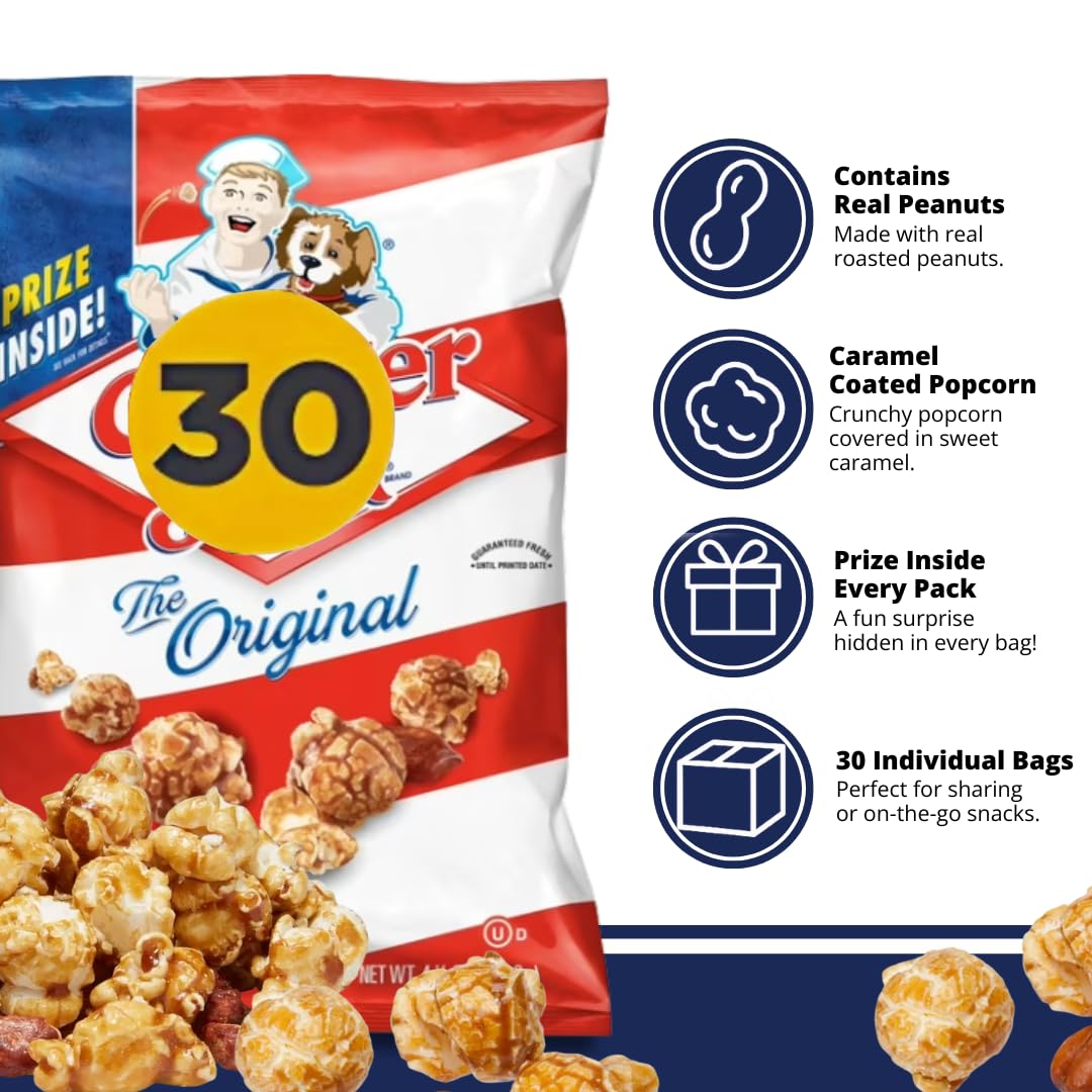 Sweet and Salty Popcorn Individual Bags, 30 Count Bulk Pack- Classic Caramel Coated Popcorn & Peanuts, On-the-Go Snack by Cracke