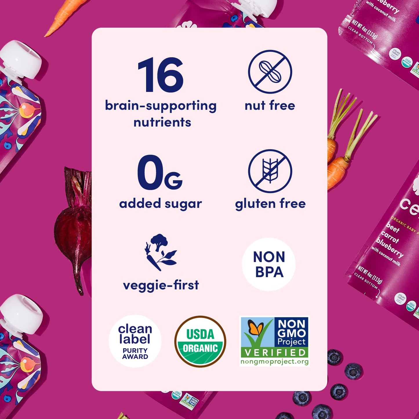 Cerebelly Organic Baby Food Pouches, Beet Carrot Blueberry Purees, 16 Nutrients, No Added Sugar, Fiber & Non-GMO, 4oz, 12 Pack