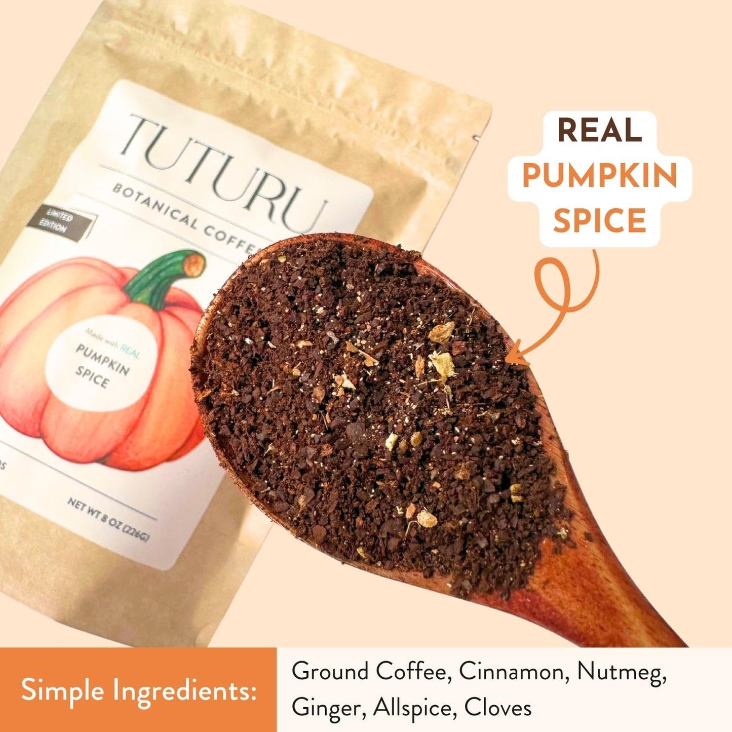 TUTURU Botanical Coffee Organic Pumpkin Spice Ground Coffee - Medium Roast, Low-Acid, 8 oz, 22 Servings