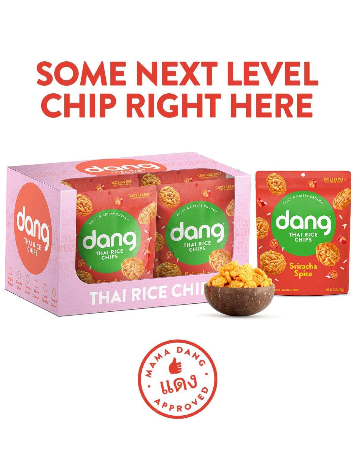 Dang Sticky Rice Chips | Sriracha Spice | 12 Pack | Vegan, Gluten Free, Non Gmo Rice Crisps, Healthy Snacks Made With Whole Food