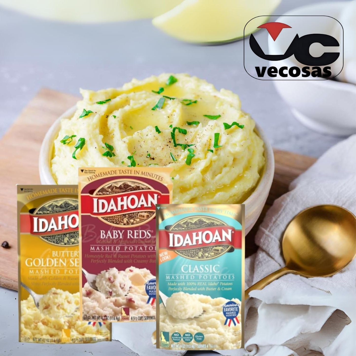 Vecosas Idahoan Mashed Potatoes Variety Pack, 6 Differentes Flavors (4 Oz Each) Bundled Vecosas All-In-One Spoon Bag Clip