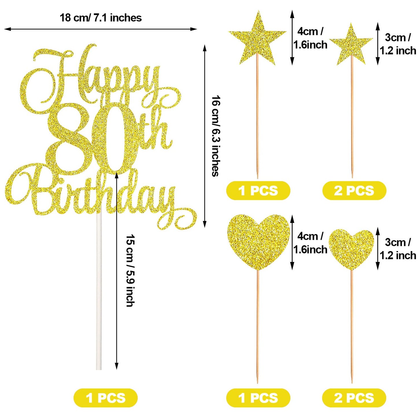HOGRTi 80th Birthday Cake Decorations Set, Gold Series, Includes Cake Toppers, Candles, and Cupcake Picks