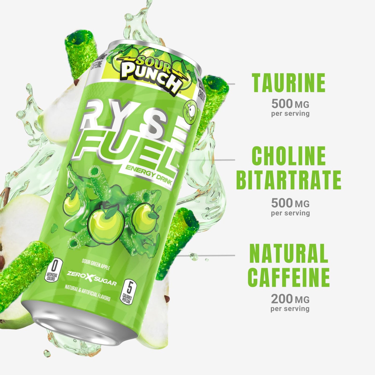 RYSE Fuel Energy Drink - Sour Punch Green Apple - Sugar Free & Vegan - 200mg Caffeine - 16 fl oz Cans (12-Pack)