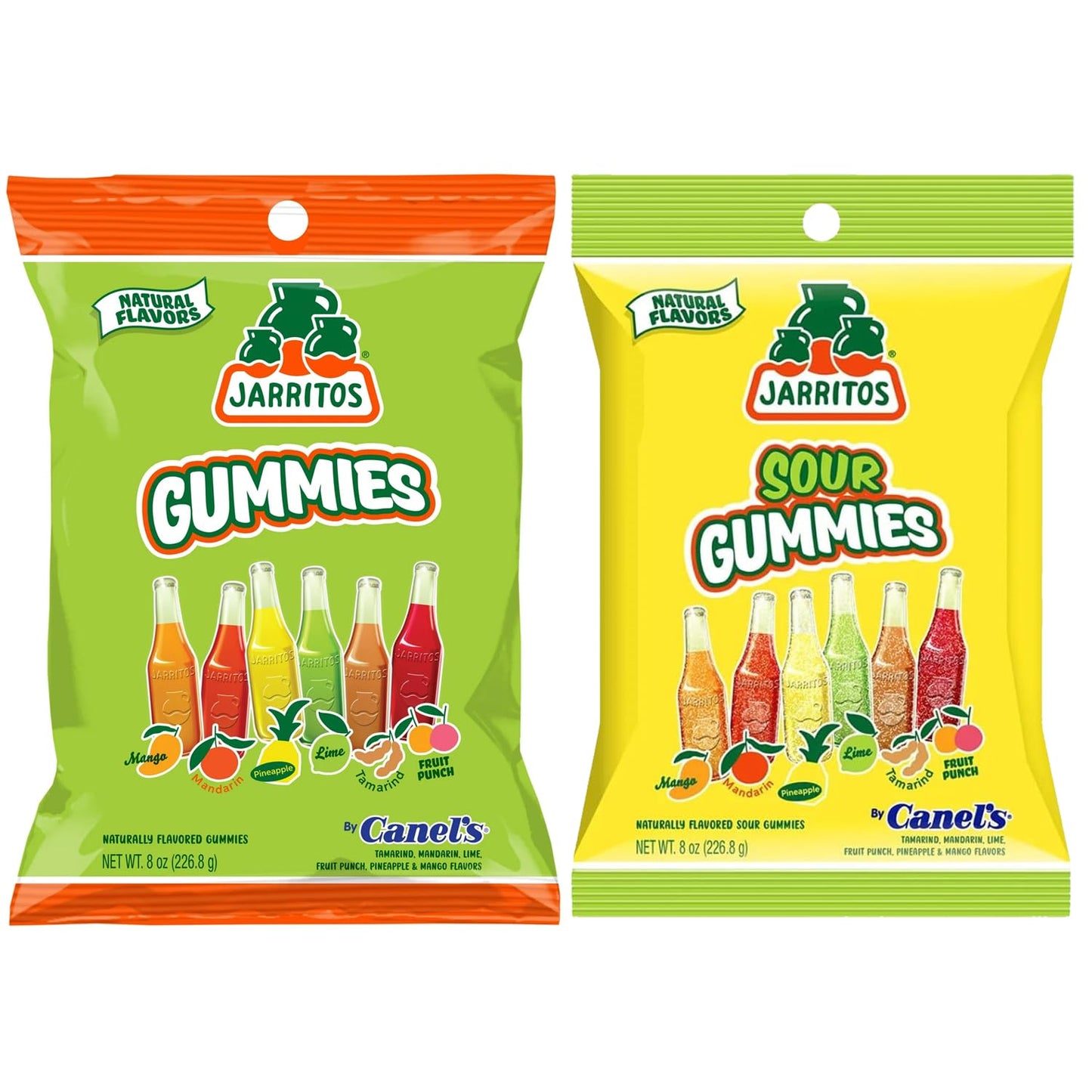 Jarritos Sour Gummies Candy - 4 Pack of Mexican Candies with Natural Flavors - 2 Sour & 2 Original Bags - 6 Fruity Flavors - Tan