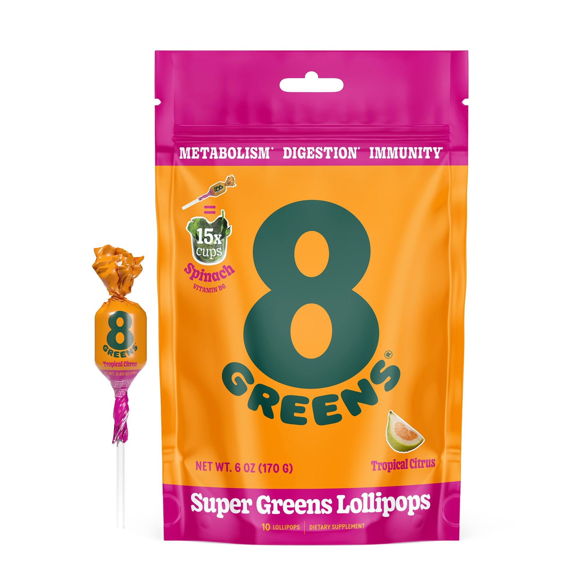 8Greens Supergreens Lollipops | Super Greens Suckers, Greens Powder, Gluten-Free, Vegan, Non-Gmo Natural Tropical Citrus Flavor,