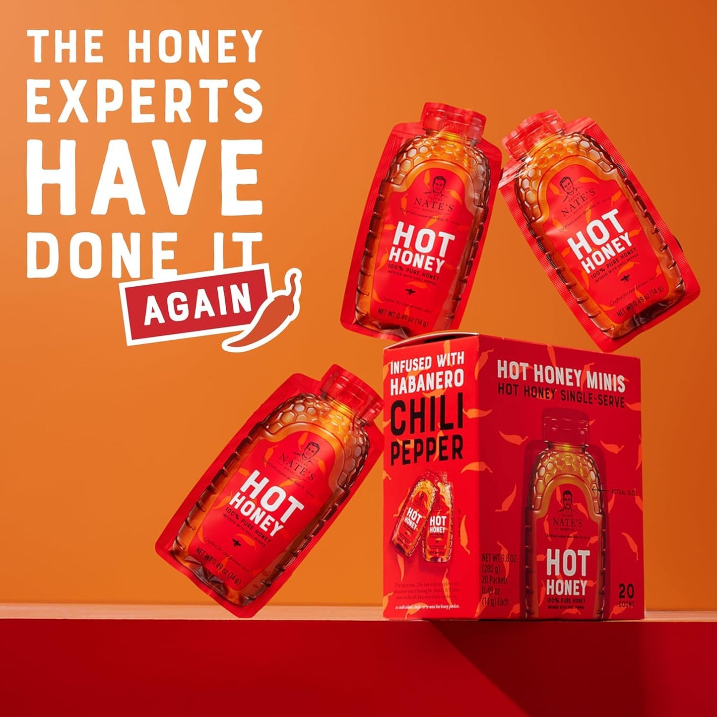 Nates Bulk 400ct Hot Honey Minis - Single-Serve 100% Pure Honey Infused with Habanero Chili Pepper - 0.49oz Packets  400ct box