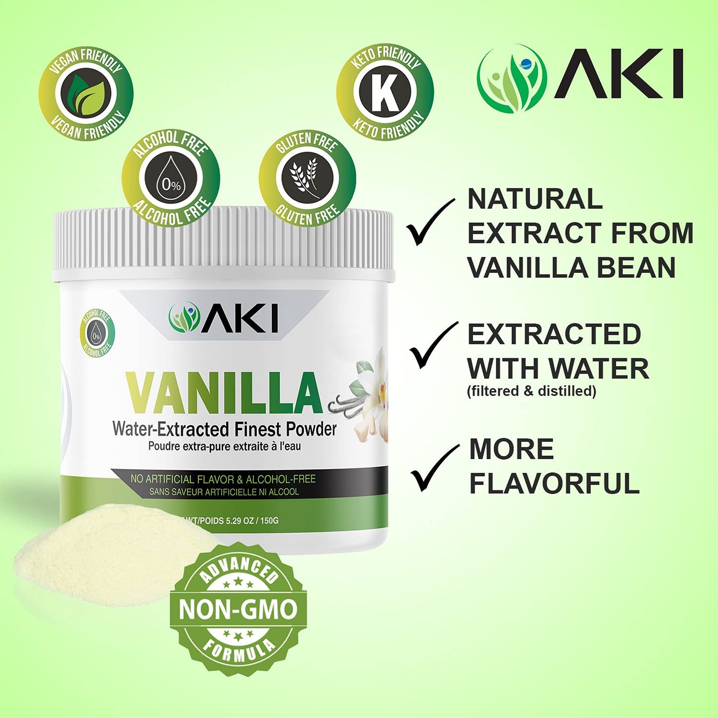 AKI ORGANIC Fine Vanilla Powder - Light Yellow, 5.29 Ounce, Non-GMO,   -Free, Ideal for Baking, Cooking and Smoothies