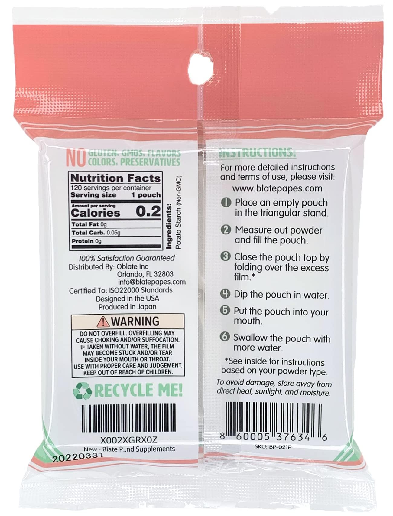 Blate Papes Gel Film Pouches, 120 Count | Edible Films for Herbs & dietary products | Natural | Model BP-021P