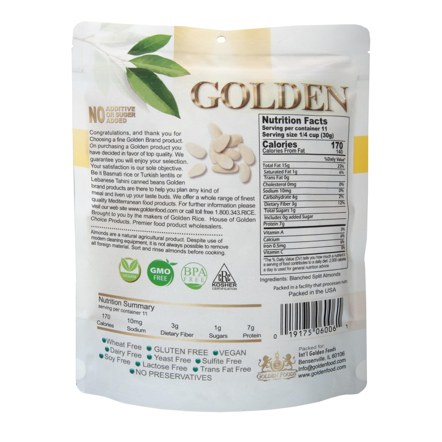 Golden Split Blanched Almonds -12 Oz (340 G), Naturally Gluten-Free And Vegan-Friendly With No Added Sugar Or Artificial Ingredi
