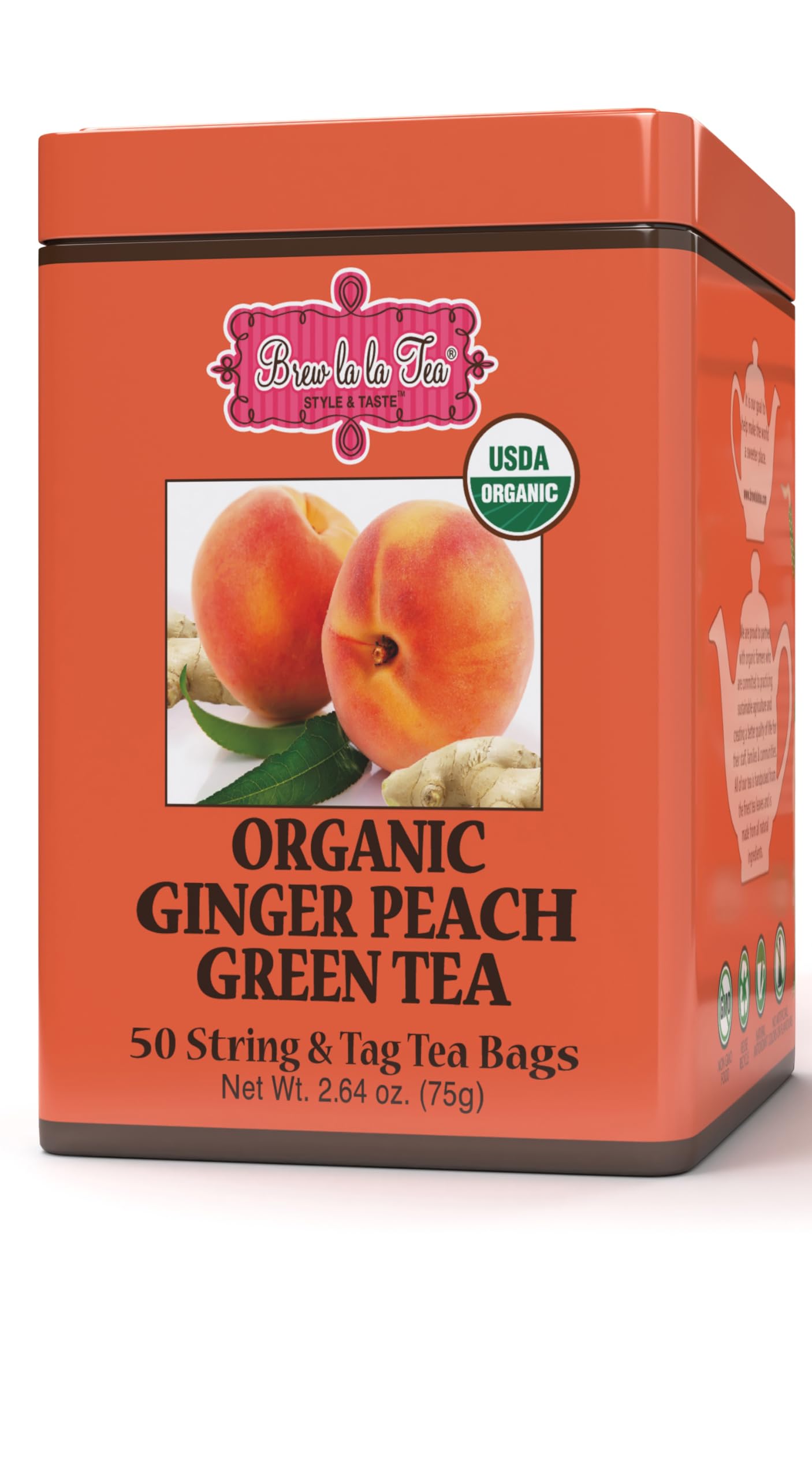 Brew La La Organic Green Tea - Ginger Peach Flavor - 50 Tea Bags - Low Caffeine - USDA Organic - Non-GMO - Gluten Free