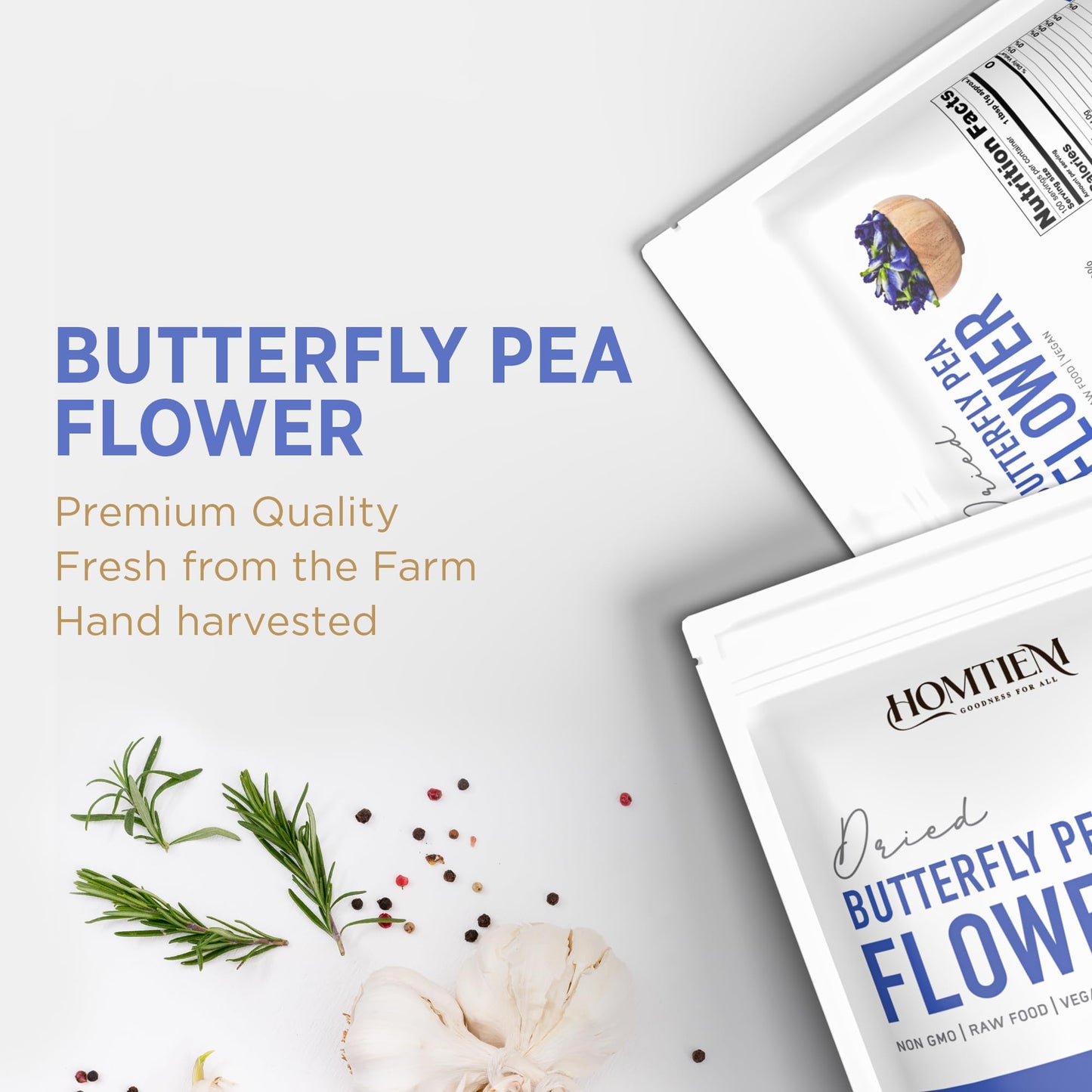 HOMTIEM Organic Dried Butterfly Pea Flower, Non-GMO, Vegan, 100g