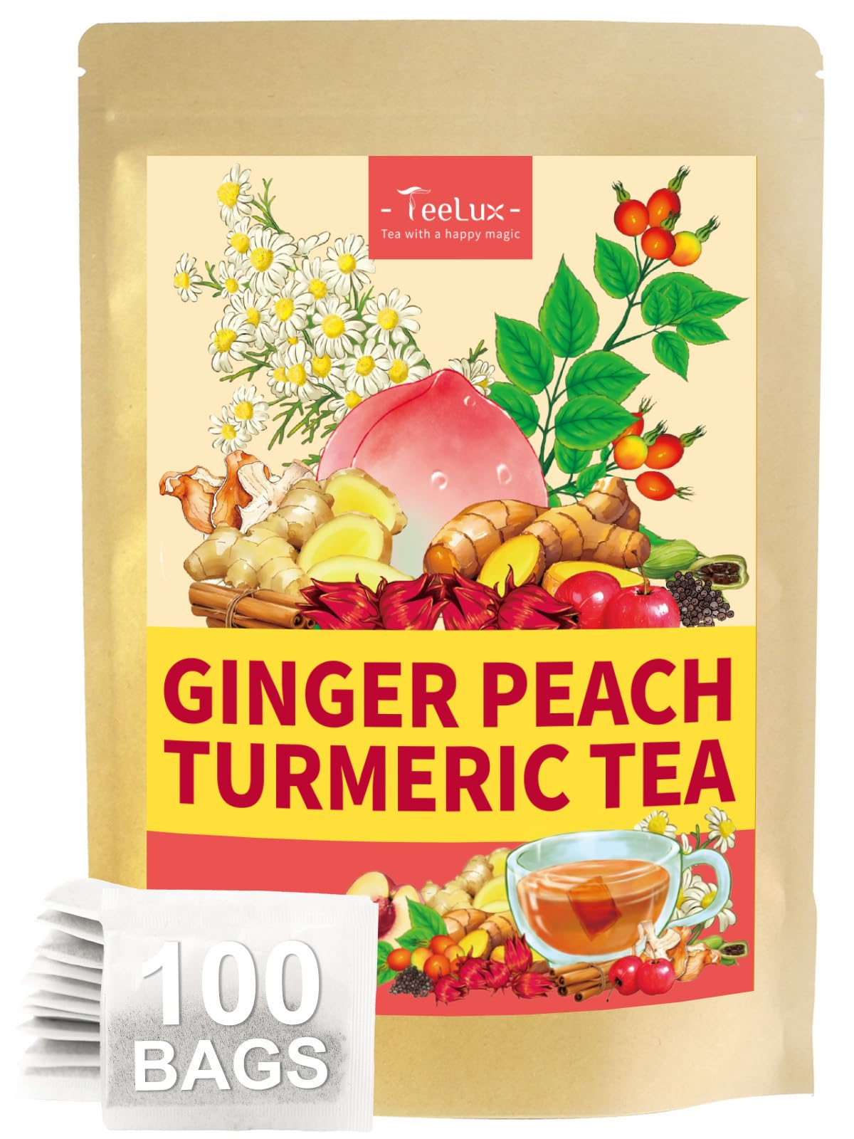 Teelux Flavor Blendger Peach Turmeric Tea Bags  Warm Flavor Blendger With Tart Hibiscus & Soothing Chamomile  Tart & Sweet Flavor  Energy Blend Free  100 Count